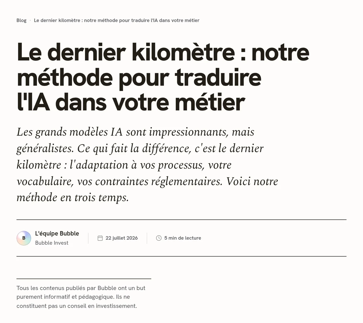 Le début de notre article «&nbsp;Le dernier kilomètre&nbsp;: notre méthode pour traduire l'IA dans votre métier&nbsp;»